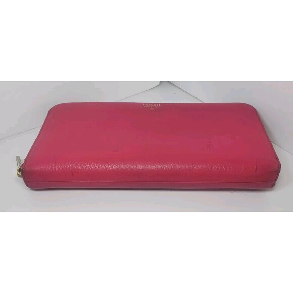 Vtg Fossil Wallet Hot Pink Pebbled Leather Wallet Zip Around Tan Inside *FLAW - Picture 5 of 9